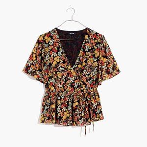 Madewell Short Sleeve Peplum Side Tie Wrap Top Black Flower Garden Size Small